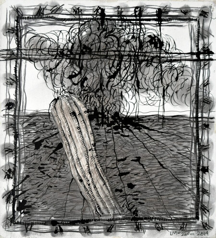 Graphite, ink and pigment on paper artwork "Nascent Flowers" by Luis Mandiola, contemporary drawing on paper