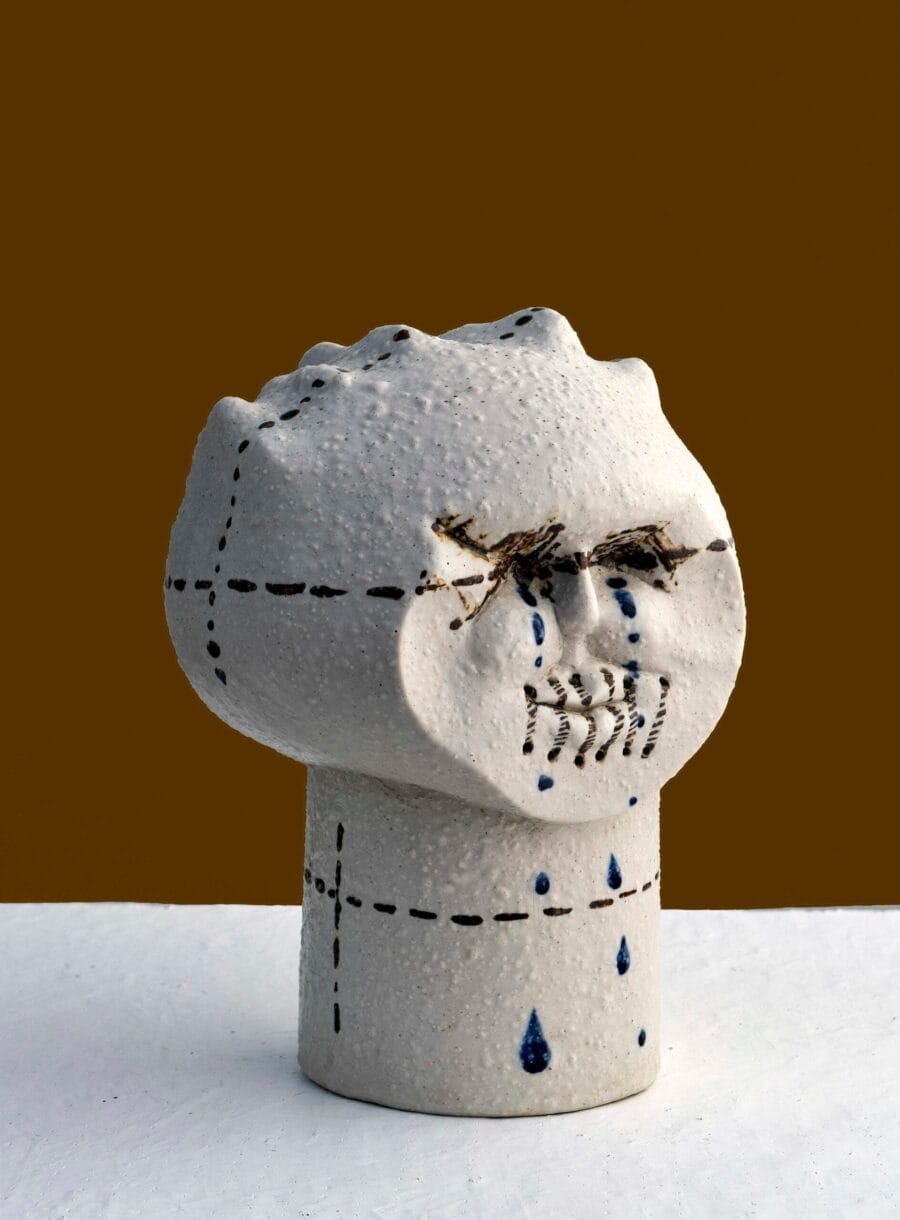 Porcelain intervention and enamel artwork by Luis Mandiola, contemporary porcelain piece with enamel surface