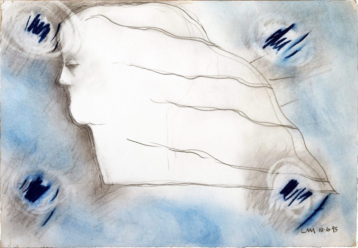 Graphite and pigment on paper artwork "Daydream in Blue" by Luis Mandiola, contemporary drawing on paper