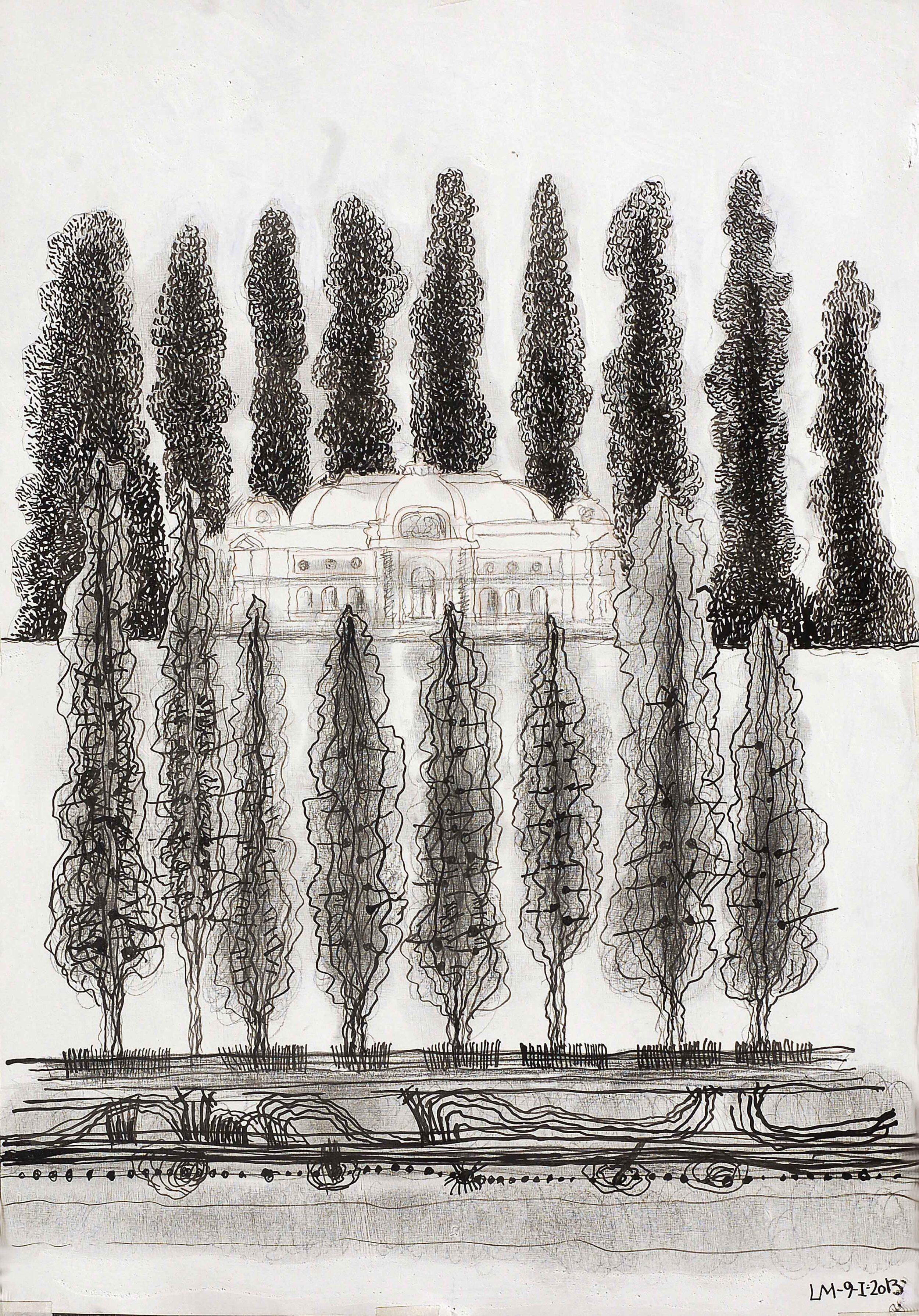 a drawing of a building and trees Mandiola