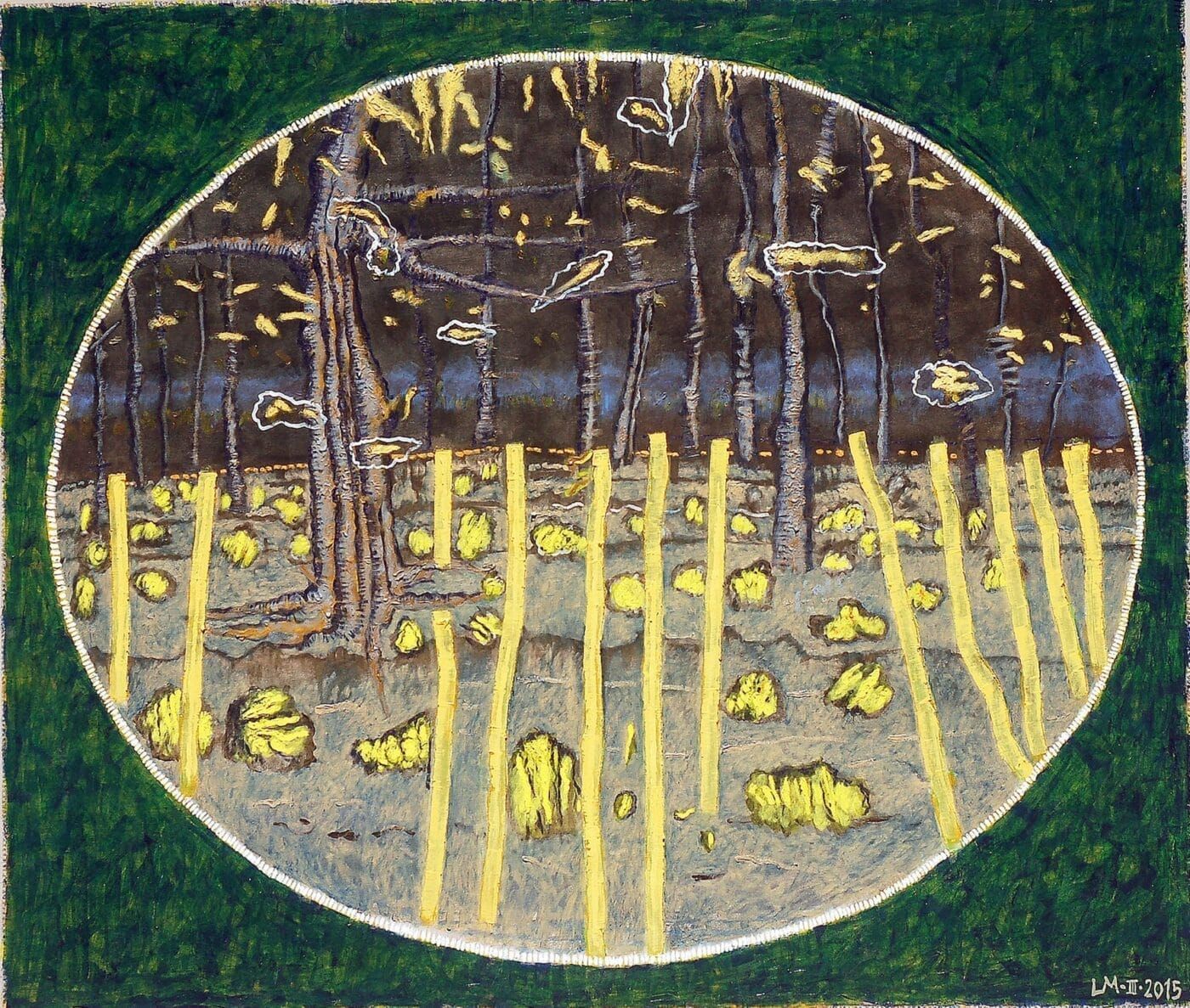 Close-up detail of textured oil and charcoal on canvas painting by Luis Mandiola