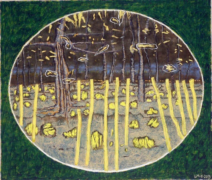 Close-up detail of textured oil and charcoal on canvas painting by Luis Mandiola