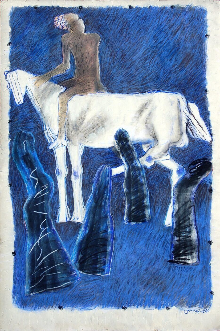 Chalk on paper artwork "White Horse" by Luis Mandiola, contemporary drawing of a white horse on paper