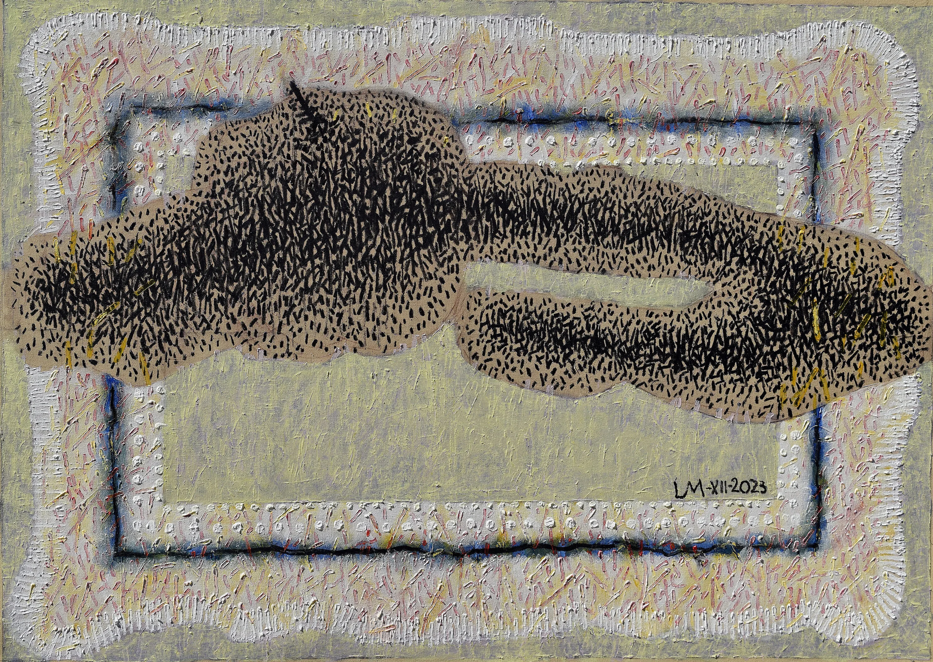 a painting of a black and brown object Mandiola
