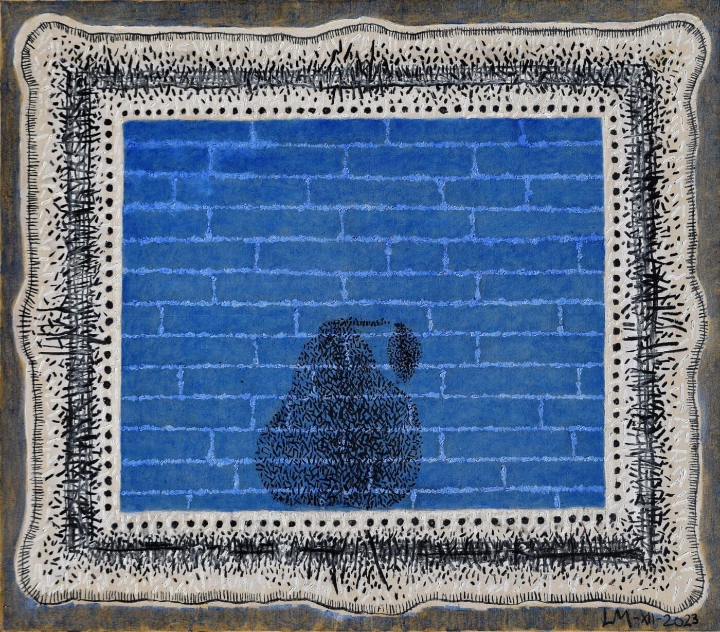 a blue and white rug with a pear in the middle Mandiola