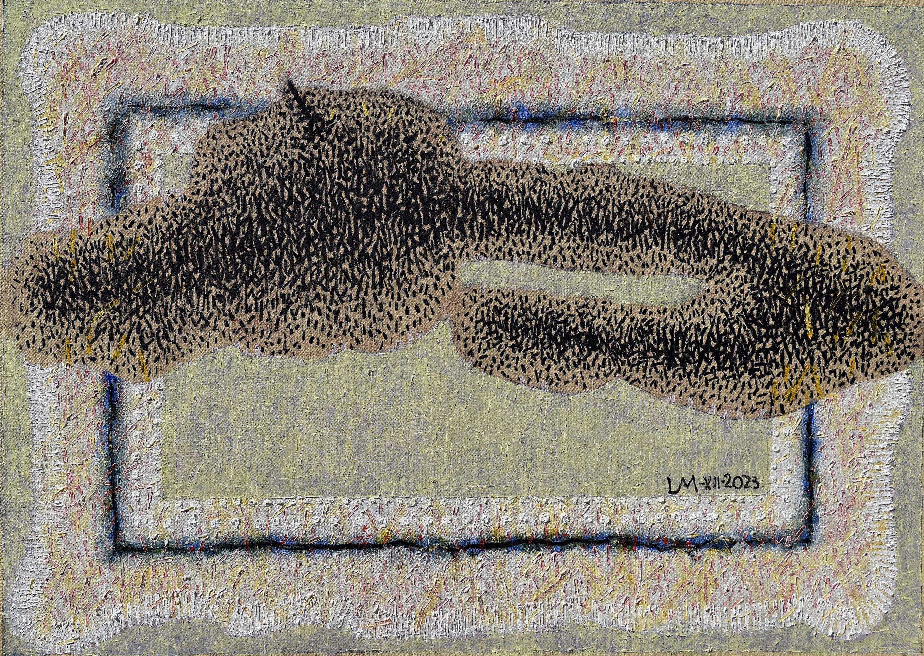 Side view of oil and charcoal on canvas artwork by Luis Mandiola, contemporary painting