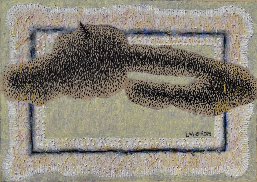 Side view of oil and charcoal on canvas artwork by Luis Mandiola, contemporary painting